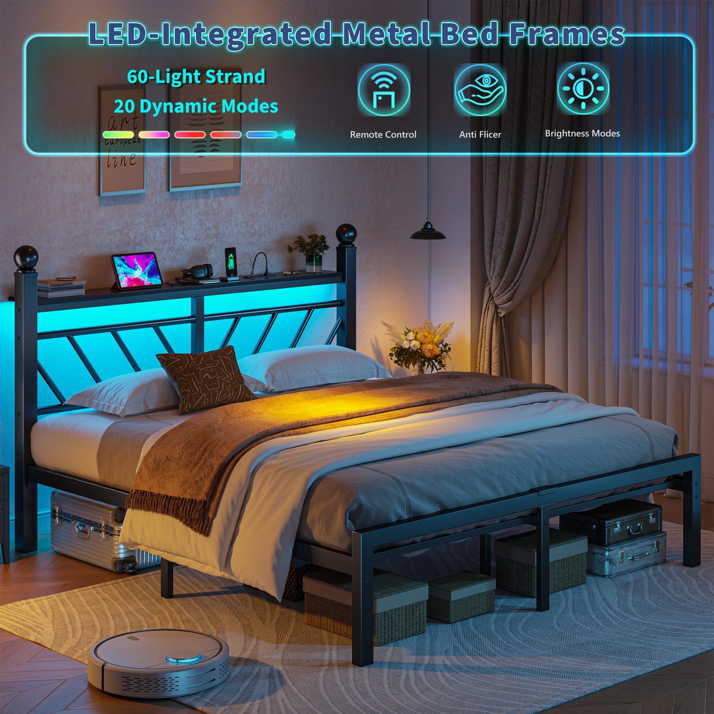 Homkdom Metal Bed Frame Queen Size with LED Lights and Charging Station, Queen Bed Frame with Headboard and Footboard with Storage Shelves and Under Bed Storage, No Box Spring Needed, Noise Free,Black