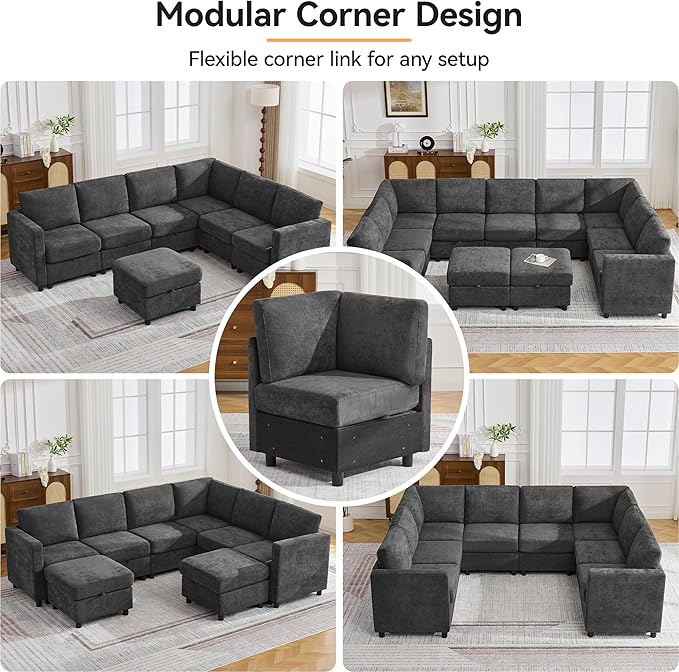 104'' U Shaped Modular Sofa, Sectional Couches with Storage for Living Room, Oversized 8 Seater Cloud Sectional Couch, Chenille Dark Grey