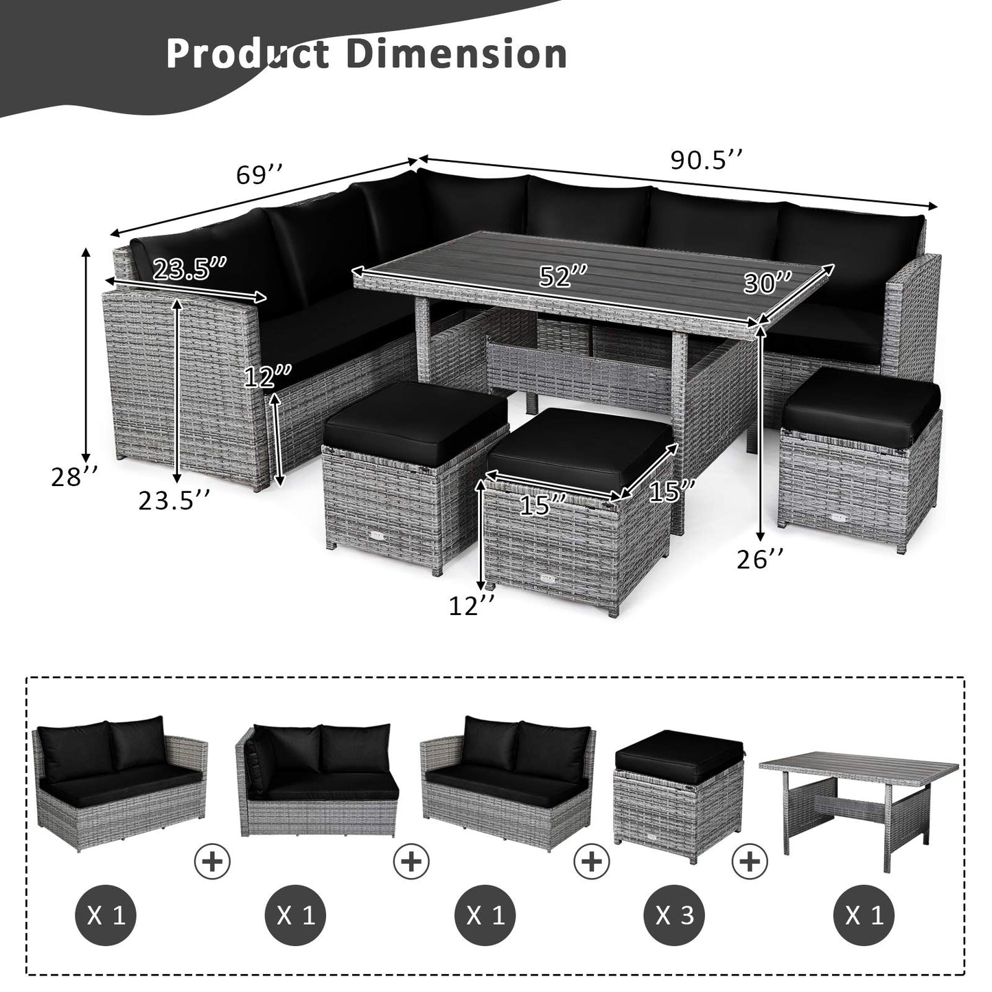Tangkula 7 Pieces Patio Furniture Set, Outdoor Sectional Rattan Sofa Set with Cushions, All Weather Wicker Conversation Couch Set w/Dining Table & Ottomans for Backyard Garden Poolside (Black)