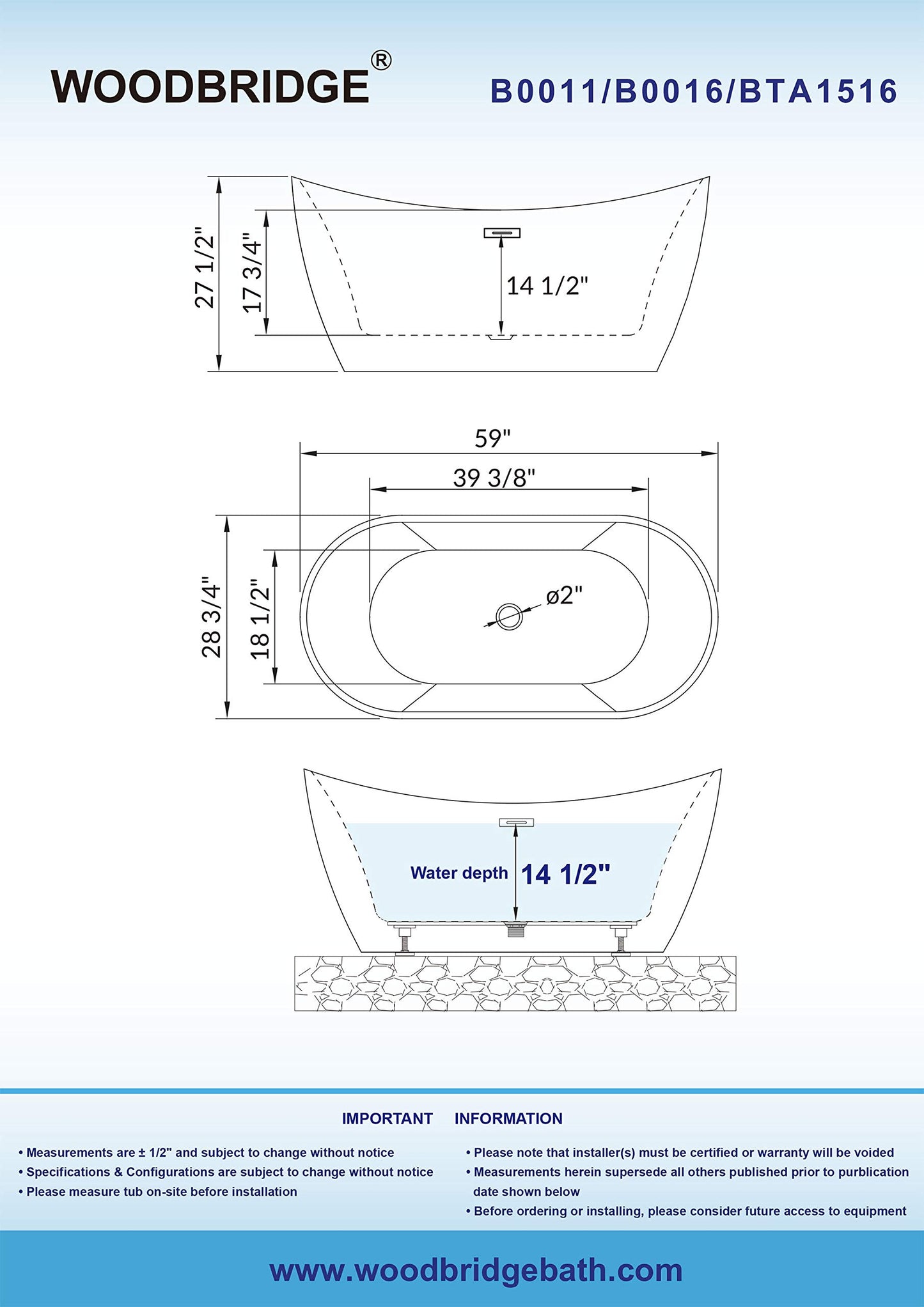 WOODBRIDGE 59" Acrylic Freestanding Bathtub Contemporary Soaking White Tub with Oil Rubbed Bronze Overflow and Drain，B0016 -ORB-Drain &O
