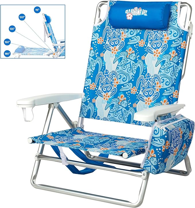Old Bahama Bay Reclining Beach Chair Backpack 5-Position Lay Flat Lounge Chair for Adults Heavy Duty Portable Folding Ligh...