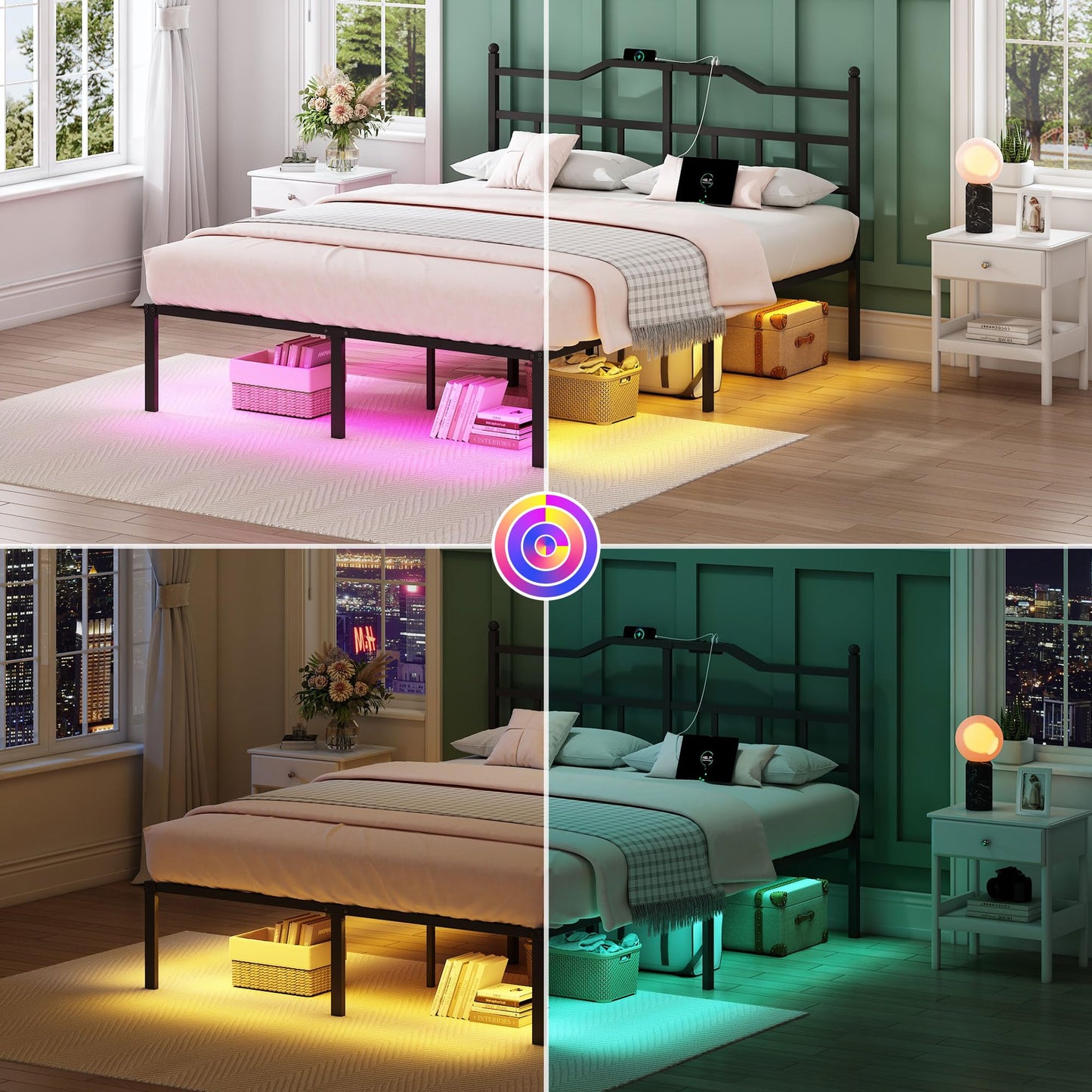 YORMDMO Full Bed Frame with LED Lights, 14 inch Metal Bedframe with Headboard, Outlets & USB, Heavy Duty Basic Steel Slats Platform, Noise Free, No Box Spring Needed