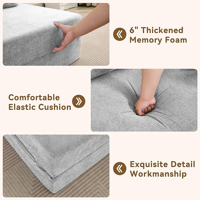 WUTUTUEE Folding Sofa Bed Convertible Floor Couch Foldable Chair Bed with Pillow，Linen Sleeper Chair Futon,Foldable Memory Foam Mattress for Bedroom/Living Room/Dorm/Office (Light Grey, Single)