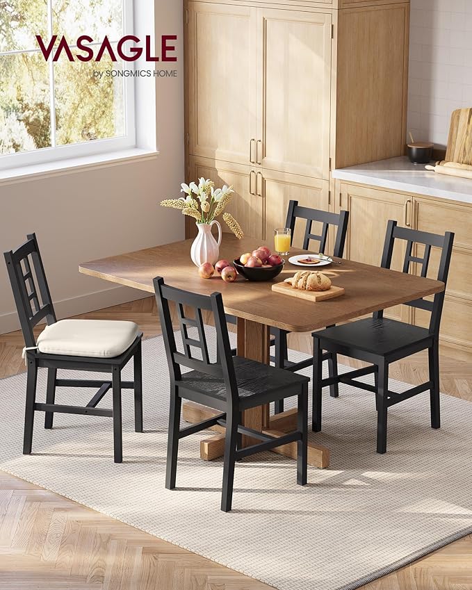 VASAGLE Wooden Dining Chairs, Set of 4, Kitchen and Dining Room Chairs, Removable Cushion, Curved Back, Each Supports 264 lb, Ebony Black UKDC150B14