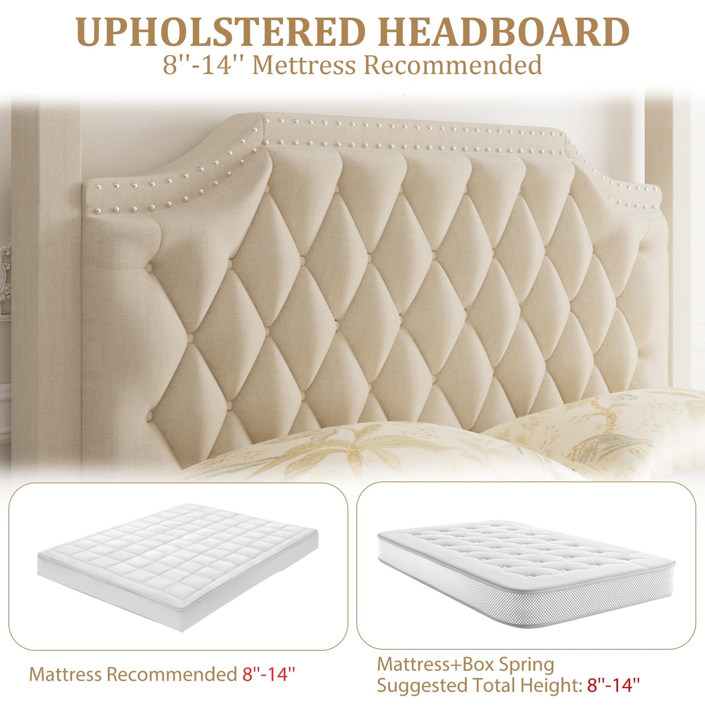 GarveeHome Upholstered Canopy Bed Frame Queen Size with headboard, Button Tufted, Nailhead Trim Design, No Box Spring Required, Beige(Shipped in 2 Boxes)