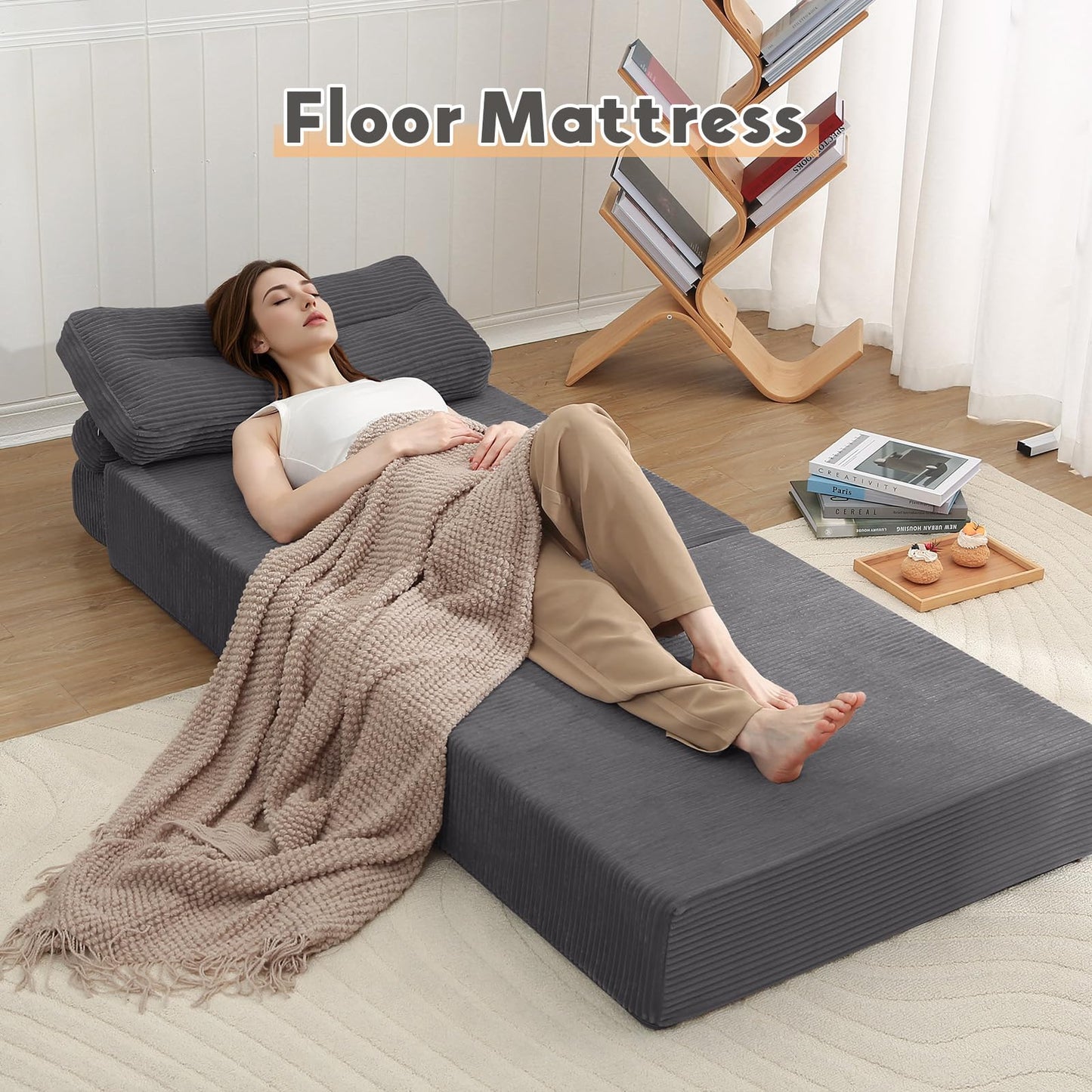 MeMoreCool Convertible Sofa Bed Folding Bed Chair, Boneless Sleeper Chair with Pillow, Fold Out Couch Lazy Floor Futon Lounger for Guest Small Space, Portable Foldable Mattress Couch Single, Grey