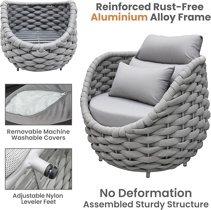 Erotr 4 Pieces Courtyard Seating Set: Aluminum Woven Rope Patio Furniture Chair Set - All Weather Metal Outdoor Conversation Set - Assembled Armchair with Table Set for Bistro Deck Porch Balcony, Grey