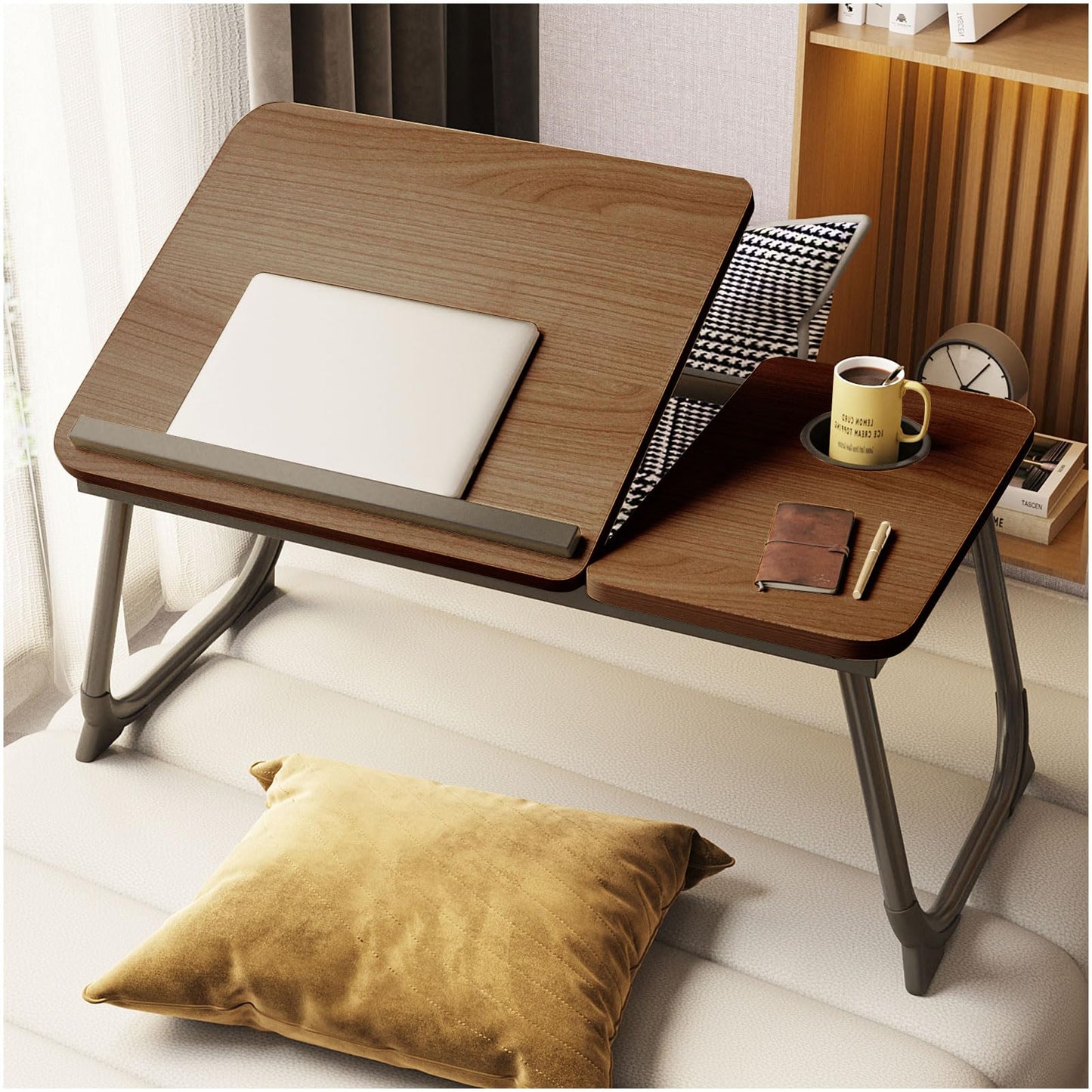 YPRNM Bed Desk for Laptop, Foldable Laptop Table for Bed and Sofa, Bed Trays for Eating and Laptops with Cup Holder, 5 Levels of Adjustable Height(Black Walnut)