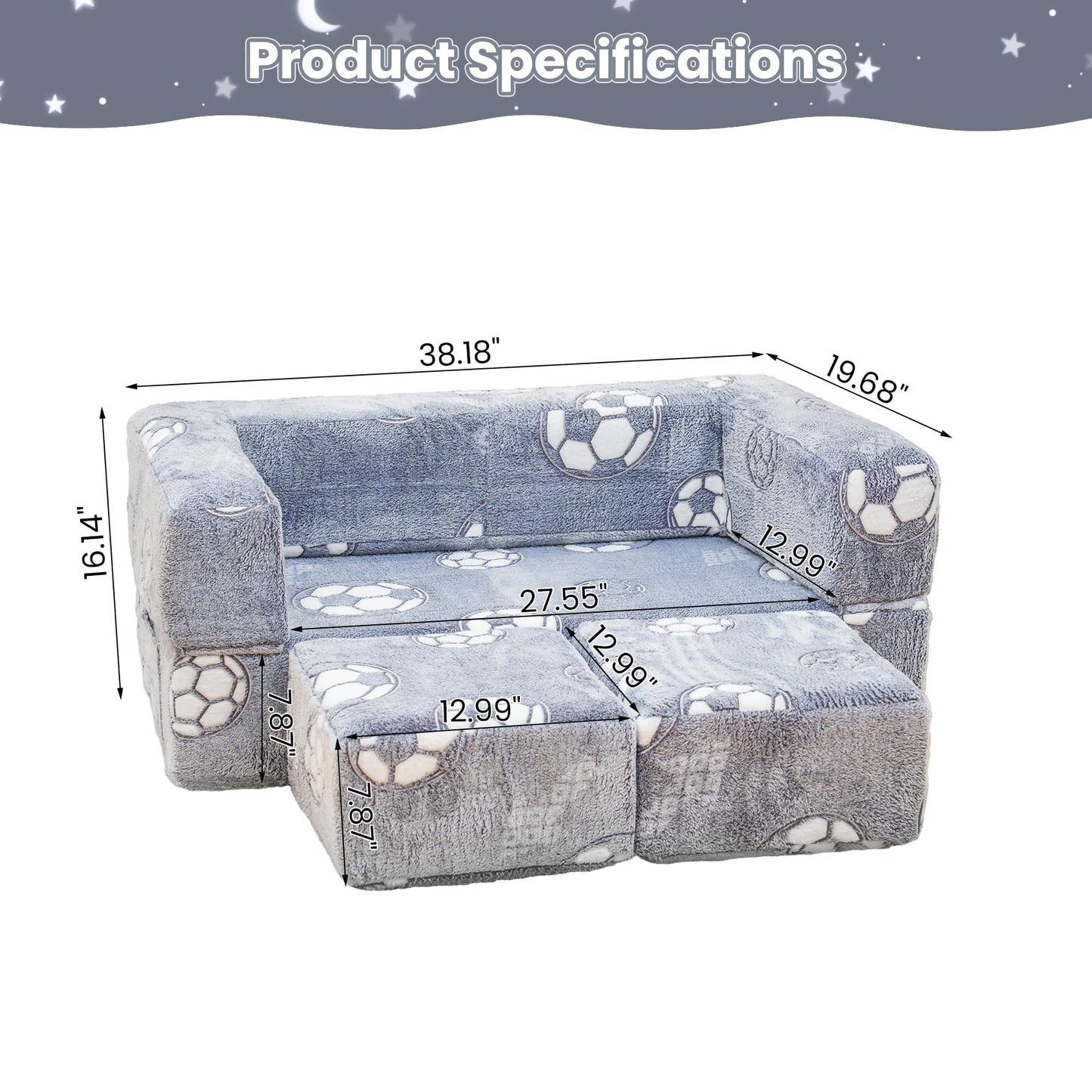 Lamerge Toddler Couch Glow in The Dark Toddler Fold Out Couch for playroom, Convertible Baby Fold Out Play Foam and Floor Cushion for Bedroom (Grey+Football)