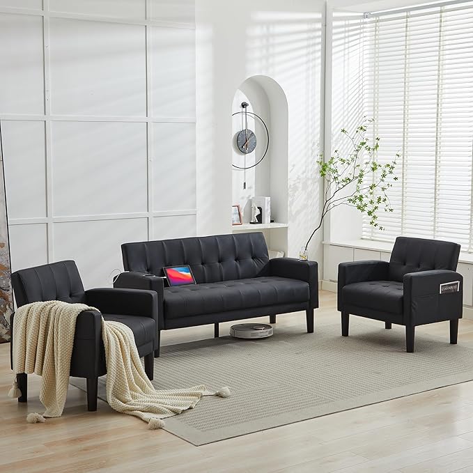TYBOATLE Sofa Couch 62" W Loveseat w/ 2 USB Charger Ports & 2 Cupholders, Mid-Century Modern Tufted Small Love Seat Couches for Office, Living Room,Bedroom,Apartment,Dorm (3, Black)