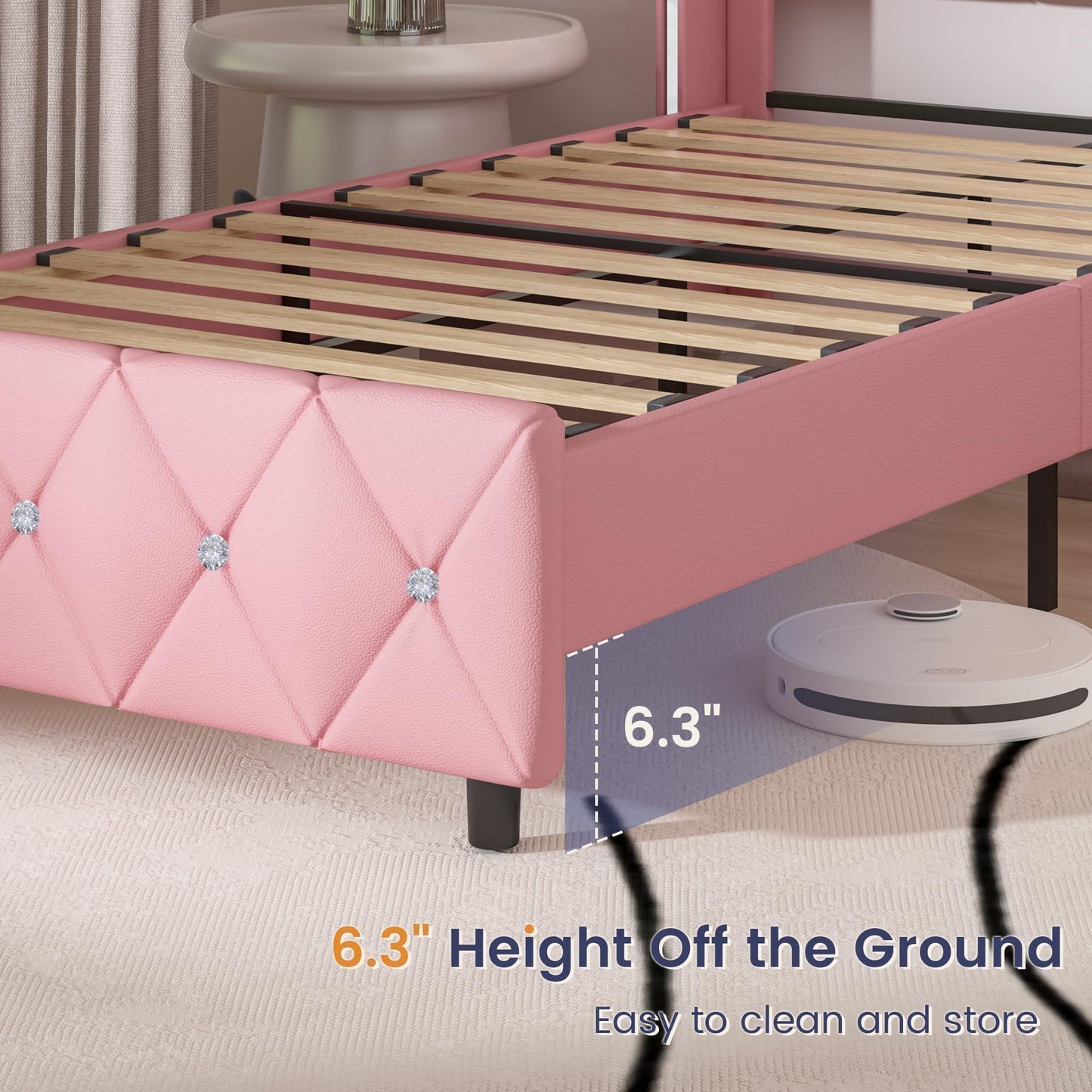 Twin Bed Frame with Headboard, Velvet Upholstered Bed with Diamond Tufted Design, Princess Twin Bed Frames for Kids, No Box Spring Required, Easy Assembly, Pink