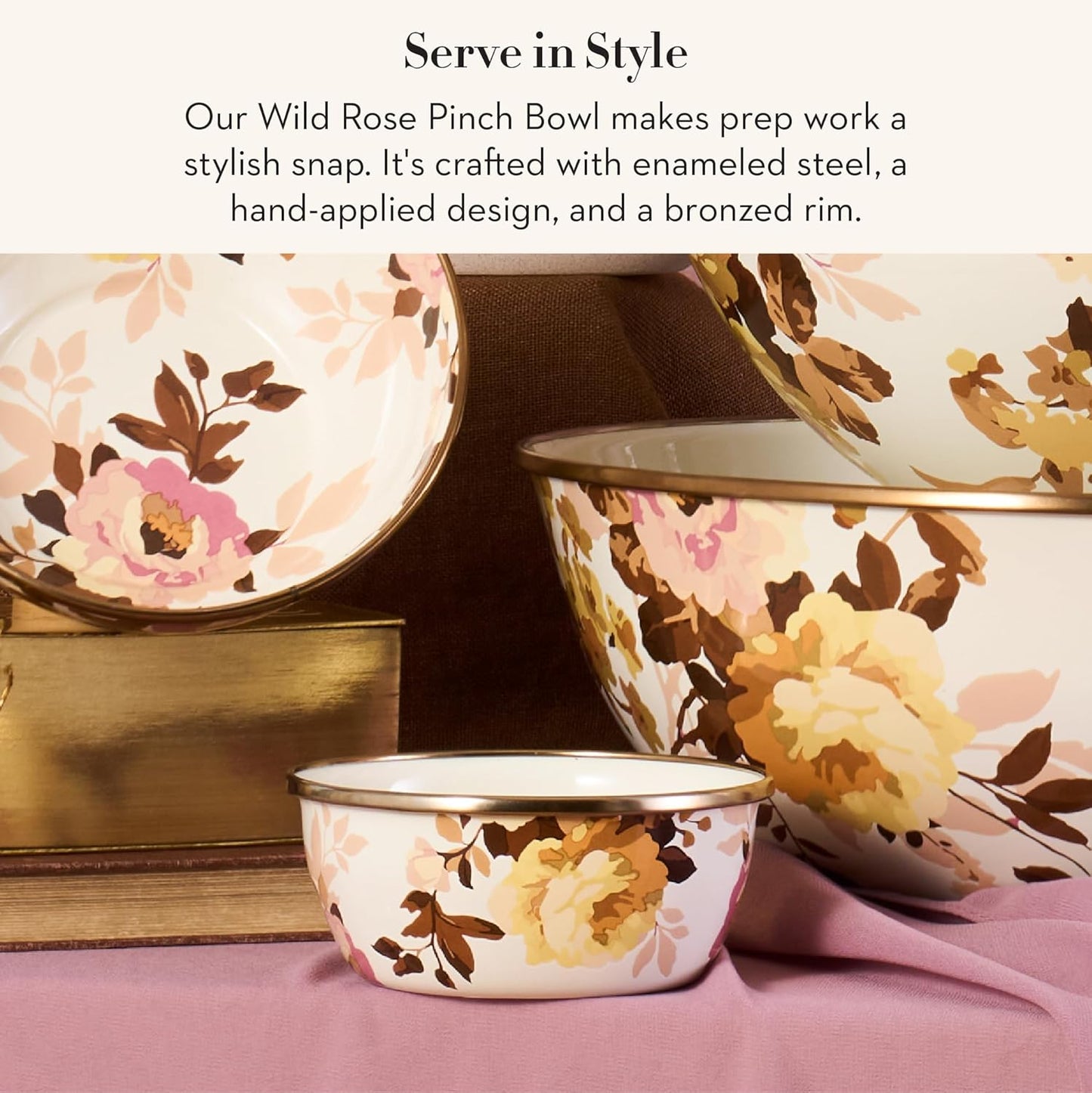 MACKENZIE-CHILDS Enamel Pinch Bowl, Small Bowl for Cooking Ingredients, 1.5-Cup Capacity, Wild Rose White