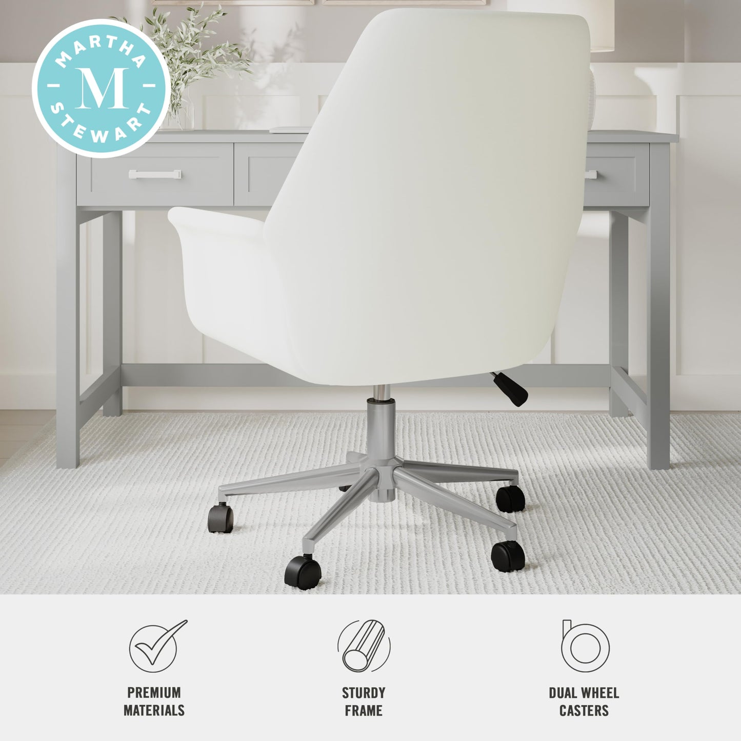 Martha Stewart Maxine Swivel Task Chair with Flared Armrests for Home Office in White Faux Leather with Polished Nickel Frame