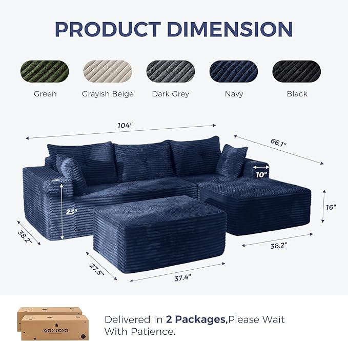 MAXYOYO 104" U-Shaped Modular Sectional Couch, Modern Boneless Couch for Living Room, Sofa in A Box, Oversized Sofa Sleeper with Deep Seat, No Assembly Required, Navy