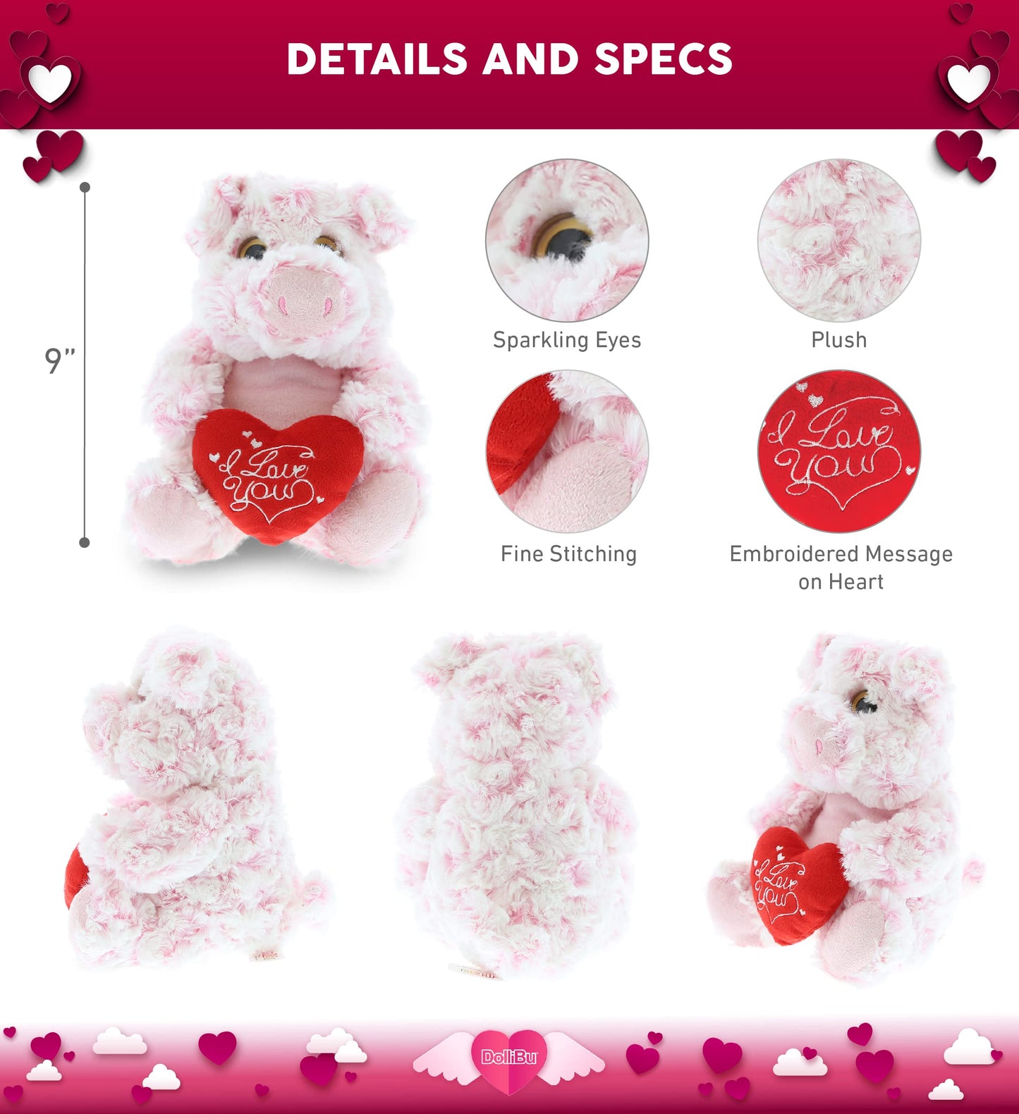 DolliBu I Love You Valentine Plush Sitting Pig - Cute Stuffed Animal with Red Heart and Name Personalization Gift for Valentines Day, Birthday, Anniversary, Romantic Date - 6.5 Inches