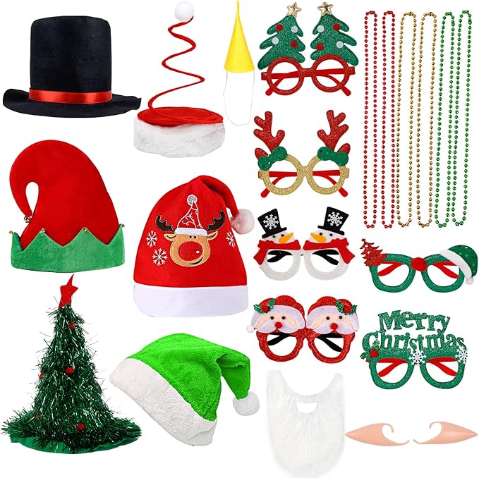 21 Pcs Funny Christmas Party Photo Booth Props Kit - Includes 6 Christmas Hats, 6 Xmas Glasses, 6 Festive Necklaces, White...