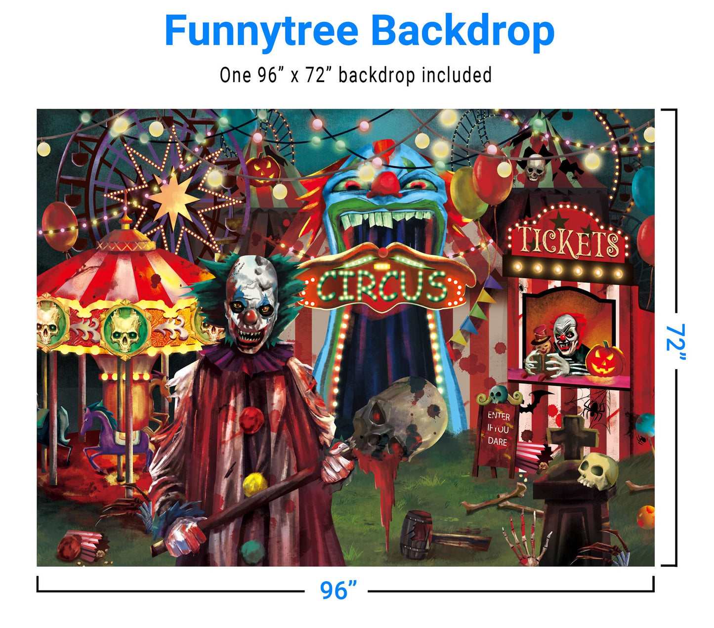 Funnytree 8x6ft Halloween Evil Circus Theme Backdrop for Photography Clown Creepy Carnival Haunted House Horror Scary Birthday Party Decorations Banner Home Decor Photo Booth Props Background
