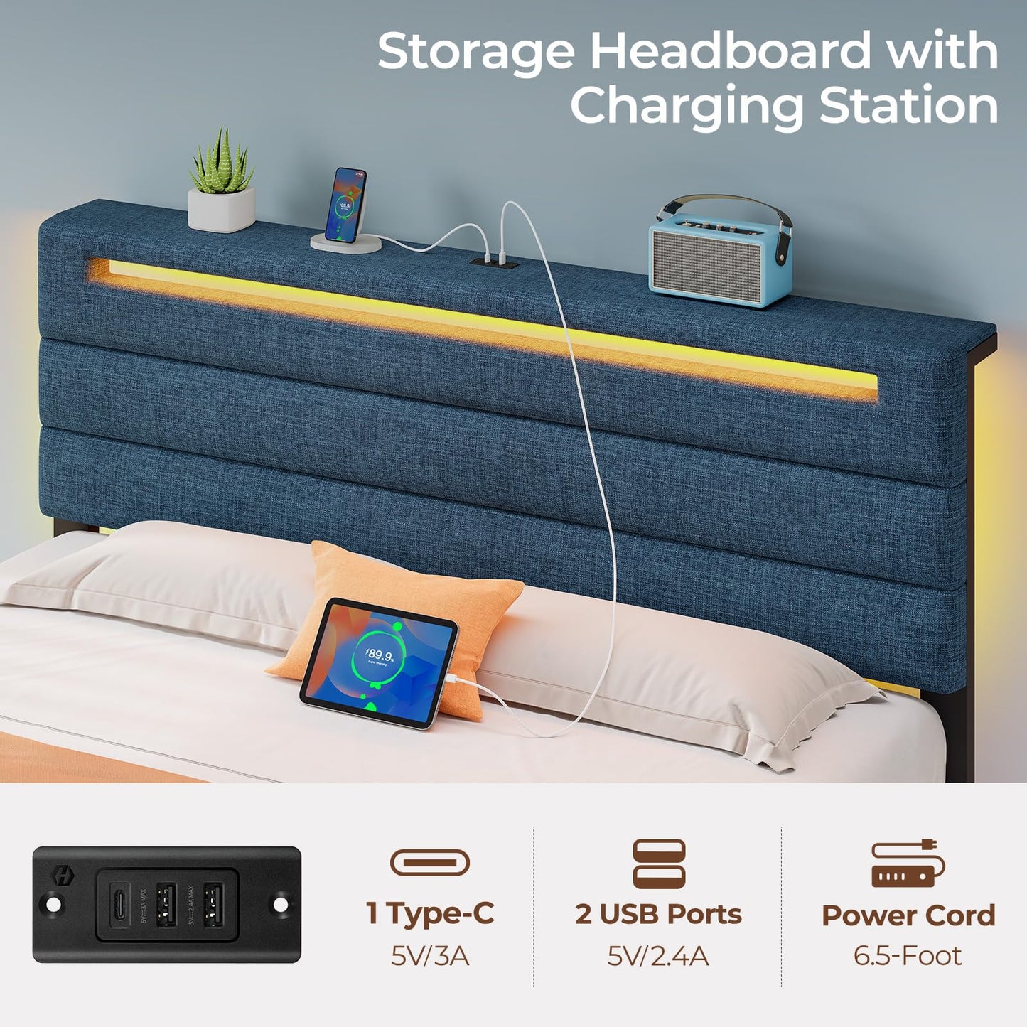 Rolanstar Twin Size Bed Frame, Storage Headboard with Charging Station and LED Lights, Upholstered Bed with Heavy Duty Wood Slats, No Box Spring Needed, Noise Free, Easy Assembly, Blue
