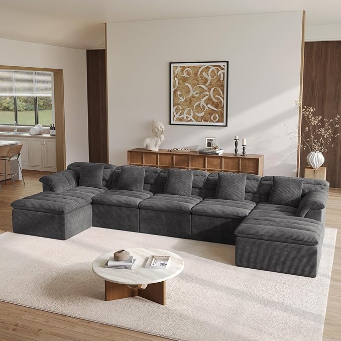 SUNG7 172" Modular Sofa with Ottoman, Boneless Cloud Couch with Deep Seat, Comfy U-Shape Corduroy Couches for Living Room, No Assembly Required, Dark Gray