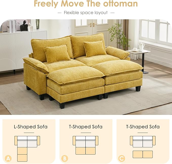 URRED Cloud Couch Modular Sectional Sofa, 87" Modern Loveseat Sofa with 2 Ottomans & Pillows, Ultra Comfy Chenille Couches for Living Room, Bedroom or Apartment, Yellow