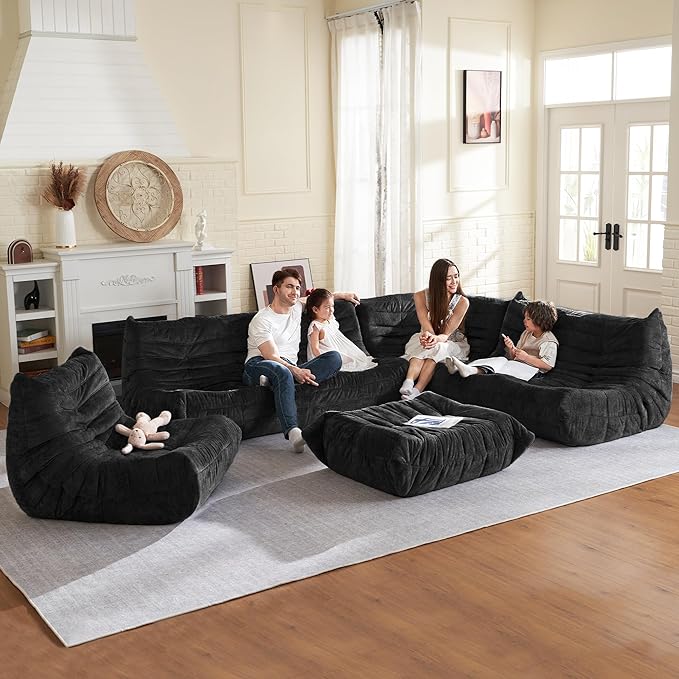 HABUTWAY Bean Bag Chair, Memory Foam Bean Bag Chairs for Adults, Fireside Corner Chair Lazy Floor Corner Sofa for Living Room, Bedroom, Dorm, Office (Black)