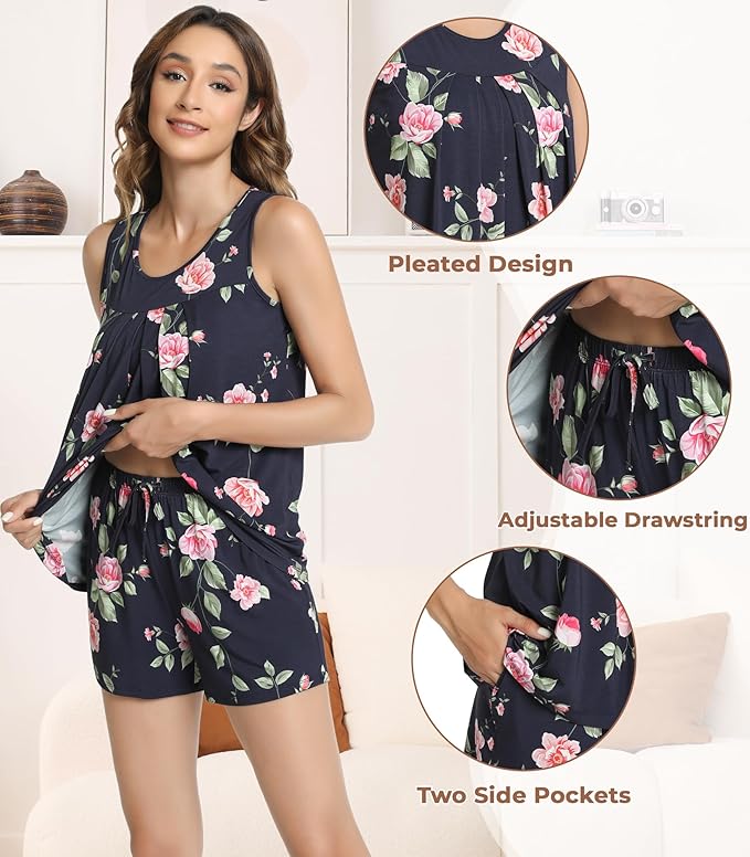 NACHILA Pajamas for Women-Viscose from Bamboo, Ribbed Racerback Tank Top Sexy Split Shorts Pajama Sets Cooling Sleep Cami Pjs