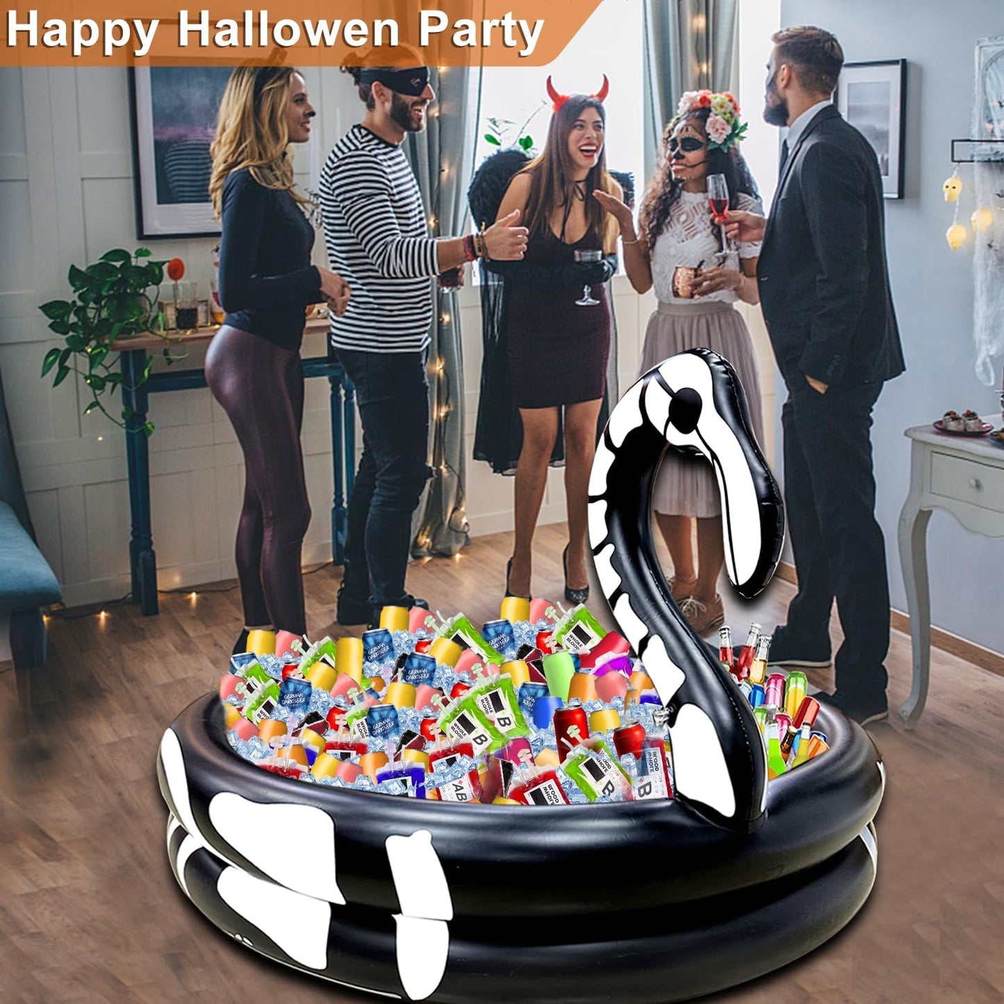 Halloween Inflatable Skeleton Flamingo Cooler, 120+ Cans Large Capacity Drink Cooler for Holiday Party Home Indoor Outdoor Halloween Decor