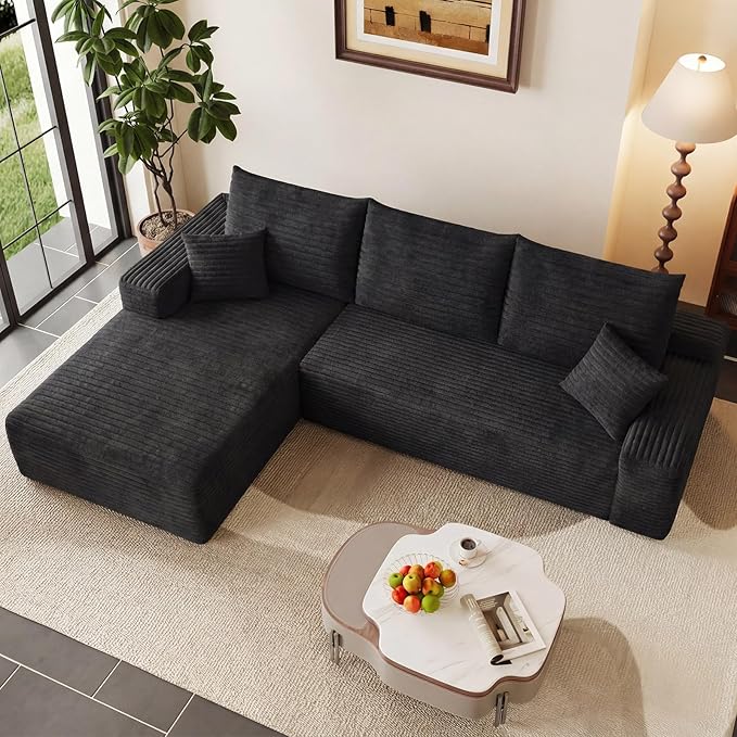95" Cloud Sectional Couch with L-Shape Chaise, Modern Corduroy Boneless Couch for Living Room,Memory Foam Sofa with Deep Seat,No Assembly Required (Black,Left-Facing Chaise)