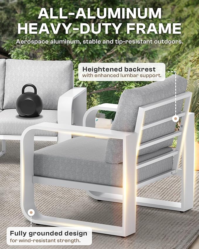 Aluminum Outdoor Sofa Bistro Set, Oversized Patio Conversation Sets Widened Armrest & Ultra-Thick Cushions, Deep Seating Patio Furniture Set for Backyard, Porch, White