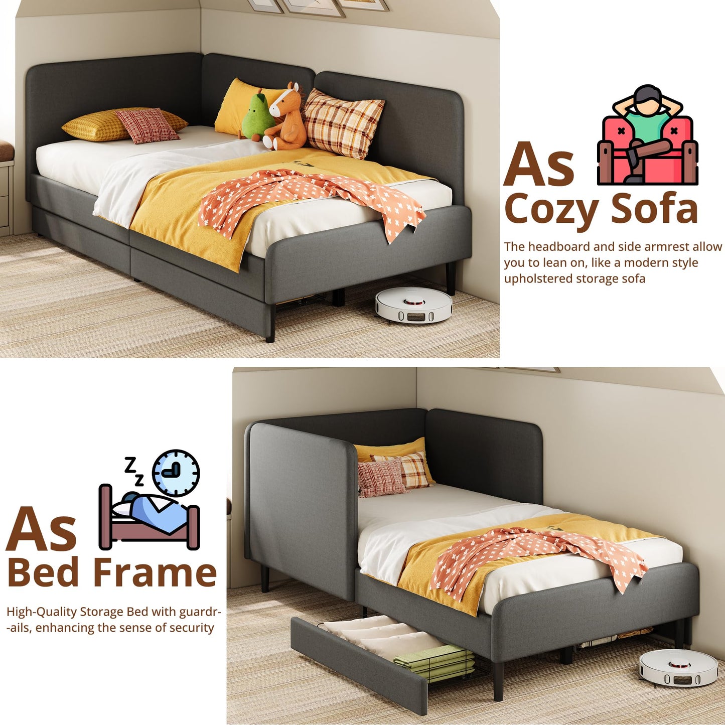 LIKIMIO Twin Daybed with Headboard, Corner Bed Frame with Bed Rails and Storage Drawers, Solid Support, for Bedroom Guest Room, Dark Gray