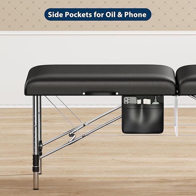 Brelley Massage Table Portable, 2-Fold Lash Bed with Side Pocket, Adjustable Height, Sturdy Aluminum Frame, Esthetician Spa Facial Tattoo Bed with Face Cradle & Carrying Bag, Black