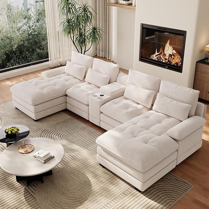 BEQAI 134"U Shaped Sectional Couch for Living Room, Modern Chenille 6 Seat Living Room Sofa Set with Storage Console, Oversized Modular Sectional Fluffy Couch with Tufted Buttons & Chaise Lounge,Beige