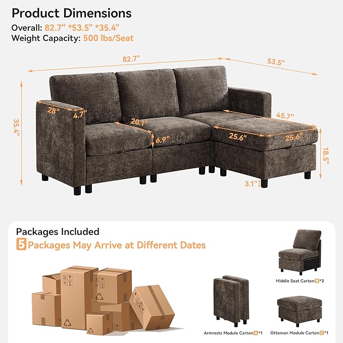 WUTUTUEE 83'' Modular Sectional Sofa Convertible L Shaped Couch Set for Living Room, 4 Seat Storage Modular Sofa with Movable Ottoman, Chenille Brown
