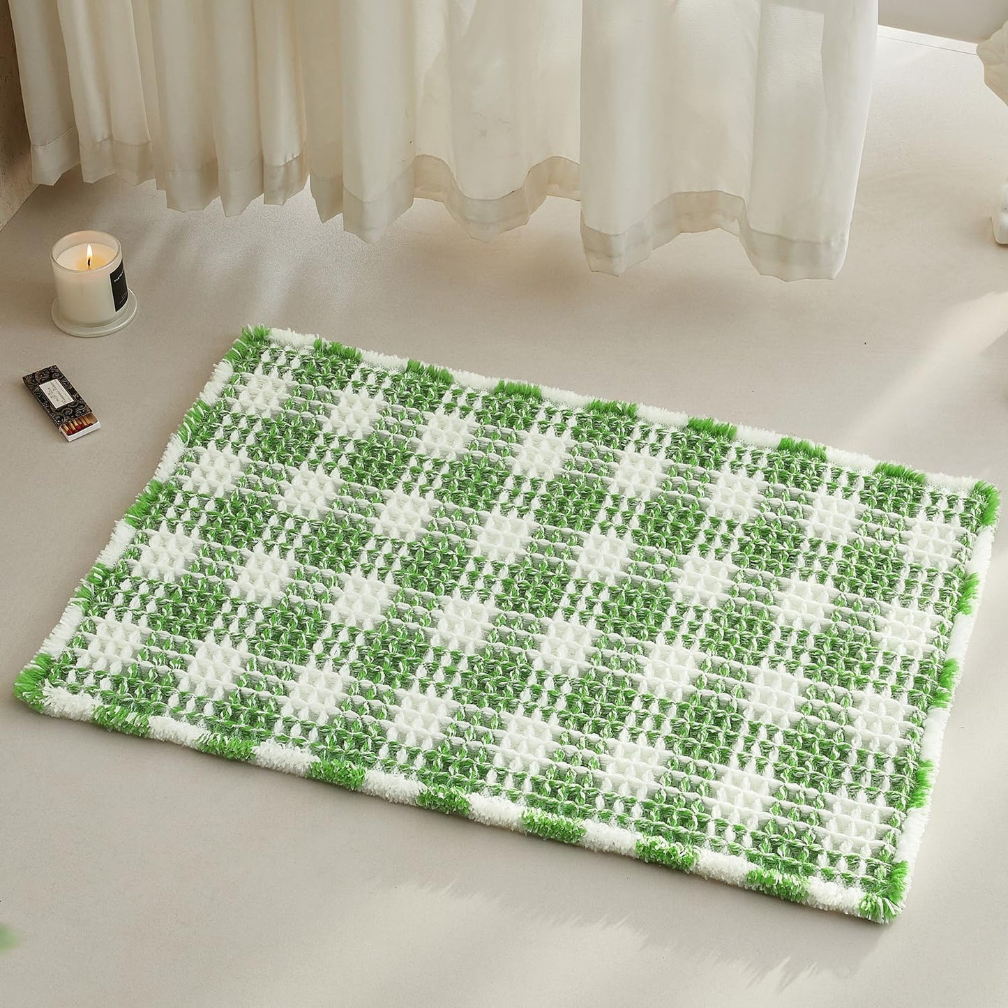 Waffle Bath Mat, Boho Bathroom Rugs Non Slip Washable Absorbent Checkered Bathroom Mat Quick Dry Cute Bath Mat, 30"x20" Green and White