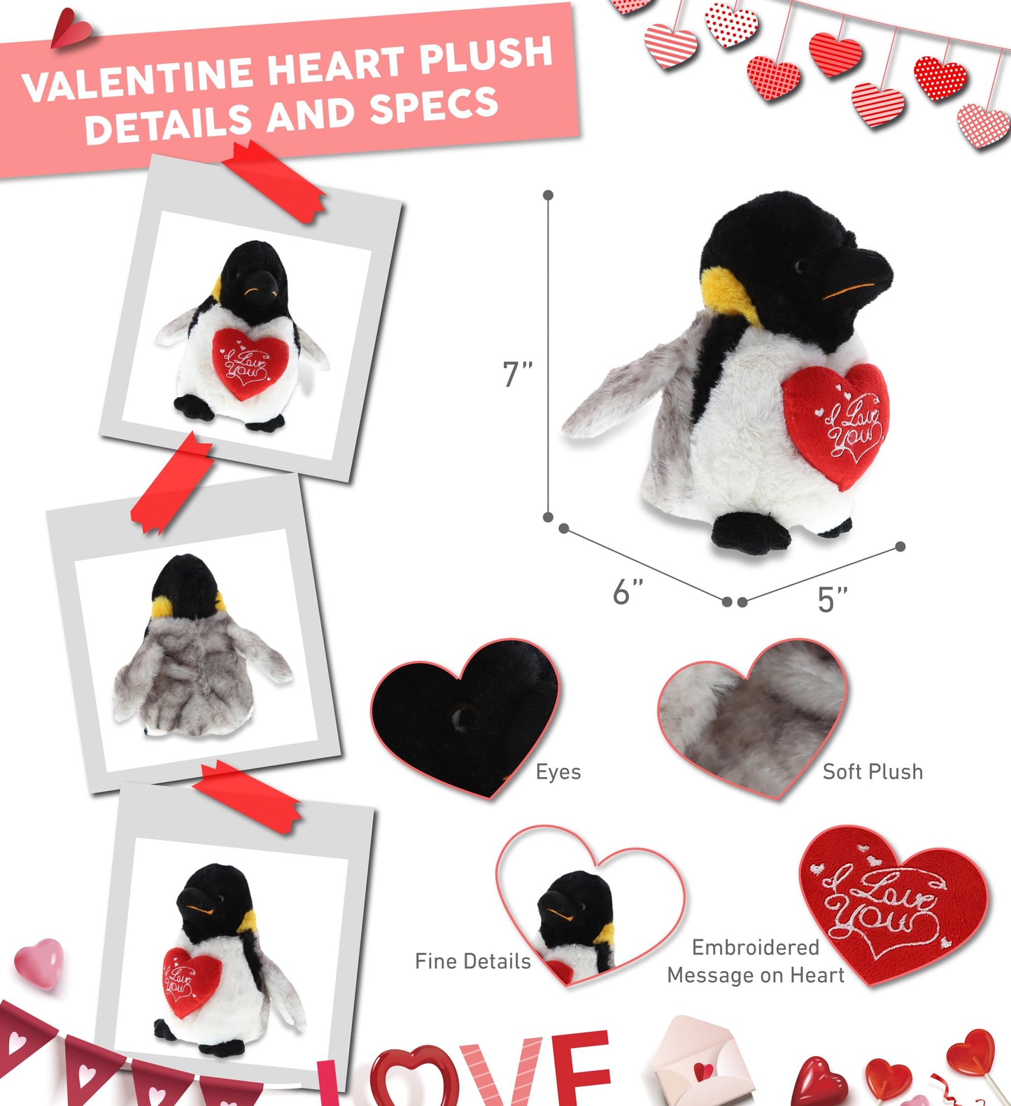 DolliBu I Love You Valentine Plush Emperor Penguin - Cute Stuffed Animal with Red Heart and Name Personalization Gift for Valentines Day, Birthday, Anniversary, Romantic Date - 7 Inches