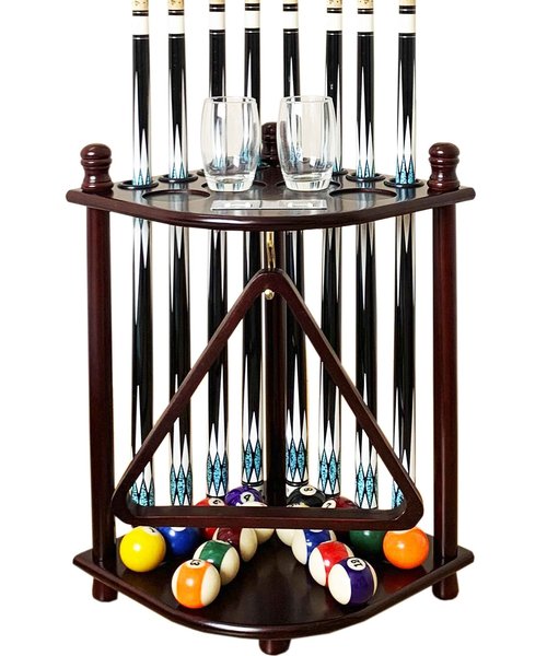 GACCO BILLIARDS Floor Standing Pool Cue Rack Hold 8 Cue Sticks & Pool Table Accessories, Wooden Pool Stick Holder, Corner Pool Cue Holder with Ball Rack Hook & Scorers (Mahogany)