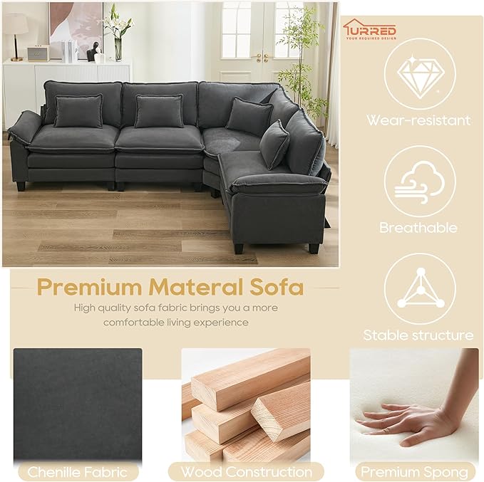 URRED Cloud Couch Modular Sectional Sofa, 116" Modern L Shaped Deep Seat Sofa with Pillows, Ultra Comfy Velvet Corner Couches for Living Room, Bedroom or Apartment, Dark Gray