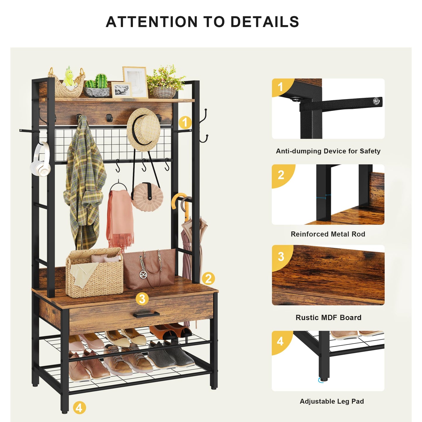 Recaceik Hall Tree, Entryway Coat Rack with Drawer, Industrial 5 in 1 Entryway Bench with Storage Shoe Rack and 12 Hooks, Freestanding Home Organizer with Shelf & Grid Panel, Anti-Dumping