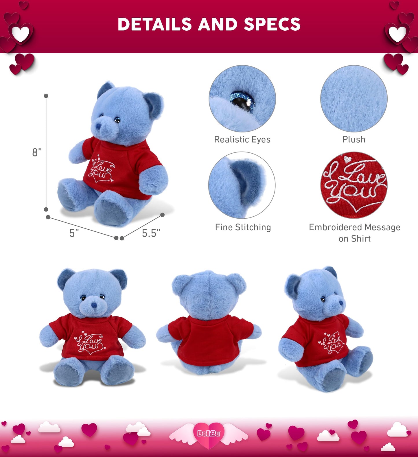 DolliBu I Love You Super Soft Baby Blue Bear Plush- Cute Stuffed Blue Bear Animal with Red Shirt for Valentine, Anniversary, Romantic Date, Boyfriend, or Girlfriend Gift - 8 inches