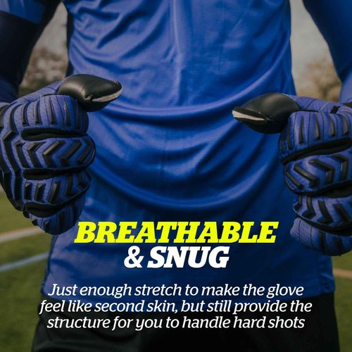 Storelli Electric Goalkeeper Gloves, High-Impact Hand Protection with 5 Removable Finger Spines, German Contact Latex, Wrist Strap, Extended Cuff, Youth & Adults, Unisex, 1 Pair, Blue Charge, Size 10