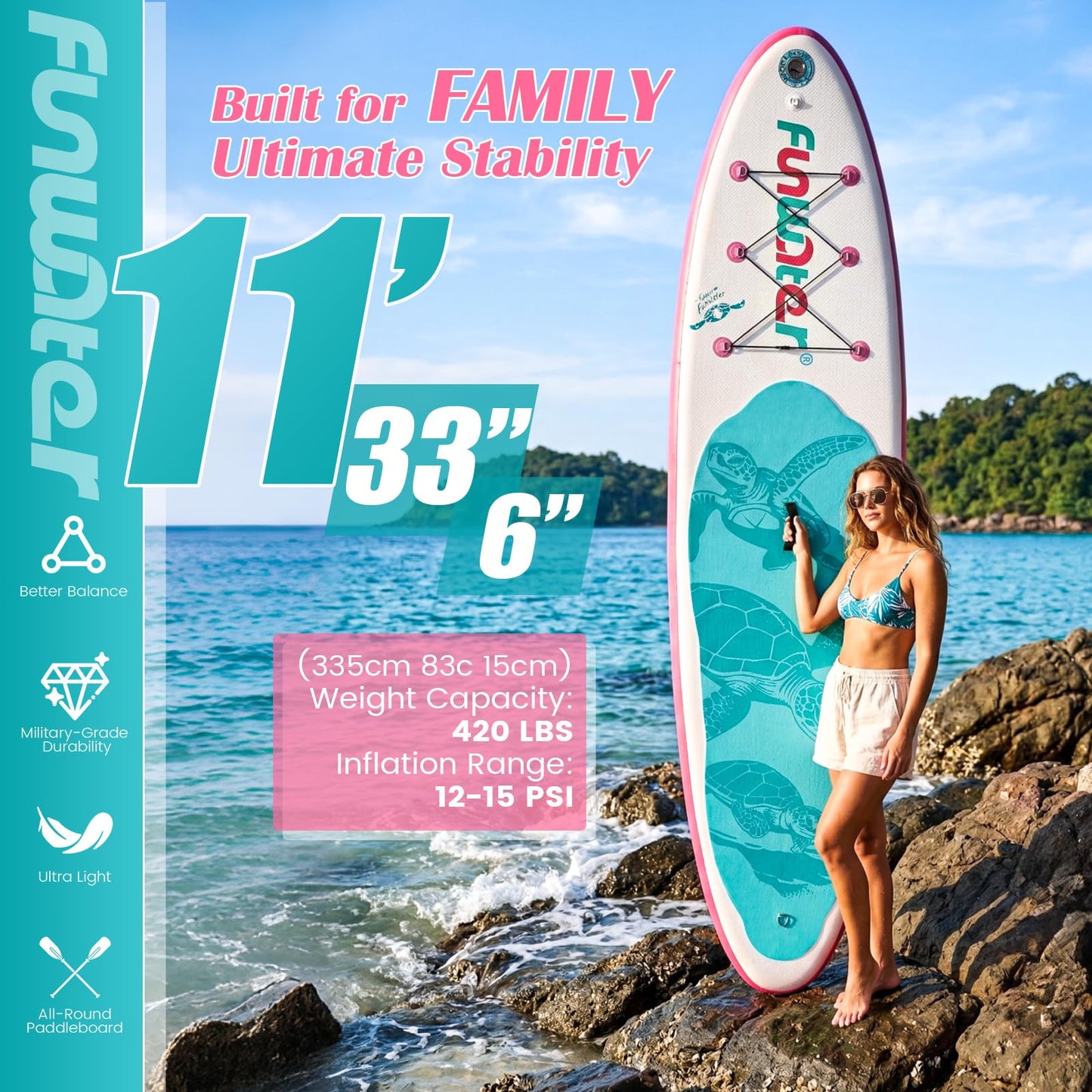 FunWater Inflatable Stand Up Paddle Board 10'6"/11"/11'6" Paddle Board for Adults & Youth, Paddleboards Inflatable with Premium SUP Accessories, Wide Stable, Non-Slip Comfort Deck (White & Light Blue)