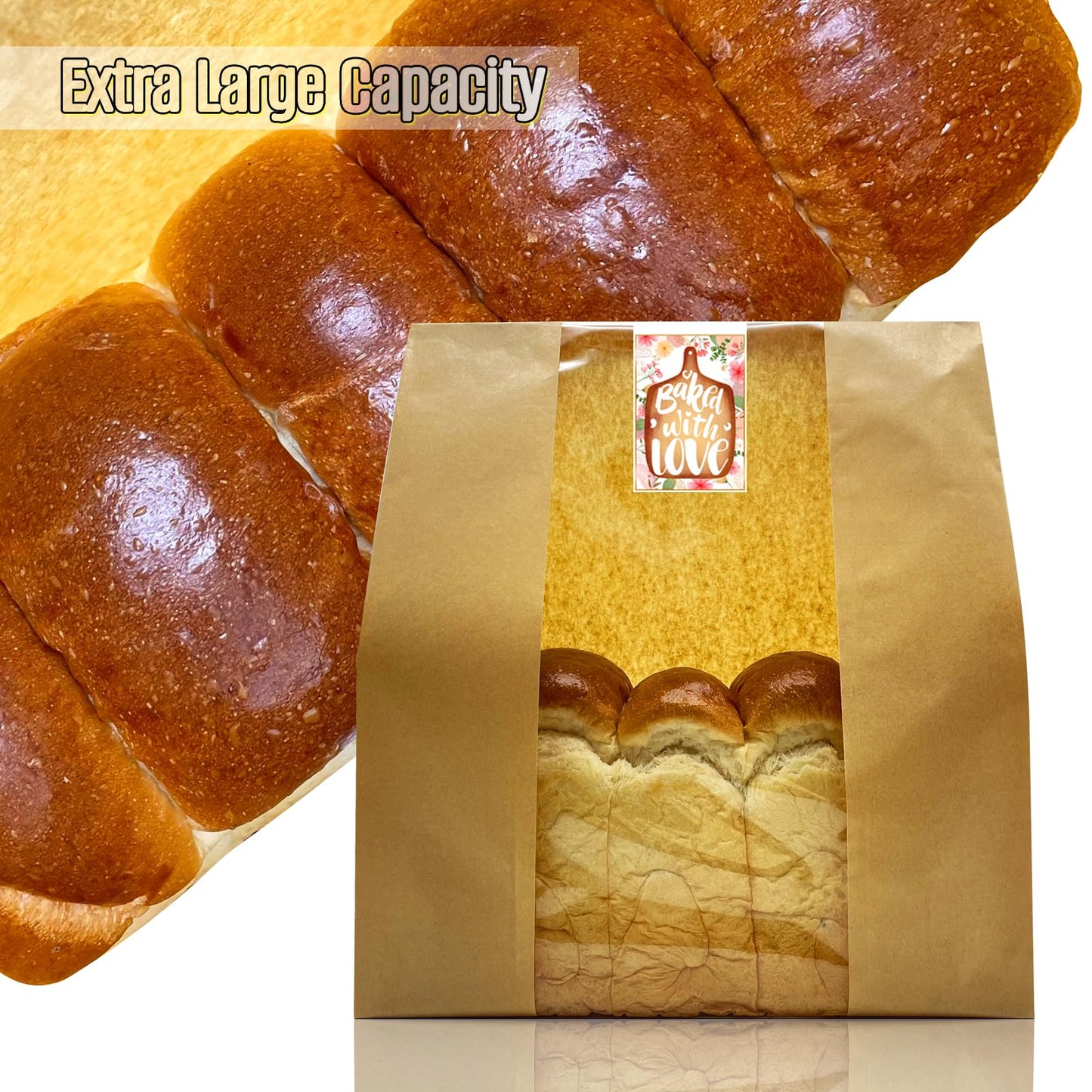 BIUBIU 16x10x5 inch Extra Large Paper Bread Bags for Homemade Bread with Window & Sticker for XL Sourdough Bread, Supersized Bread Loaf, Baked Goods, Packaging for Gifting-Brown Kraft 25Pcs