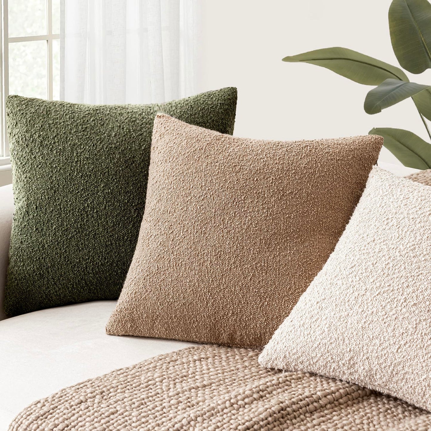 Foindtower Pack of 2, Decorative Textured Boucle Throw Pillow Covers Neutral Accent Solid Pillow Cases Cozy Soft Couch Cushion Case for Chair Sofa Bedroom Living Room Home Decor 22x22 Inch Moss Green