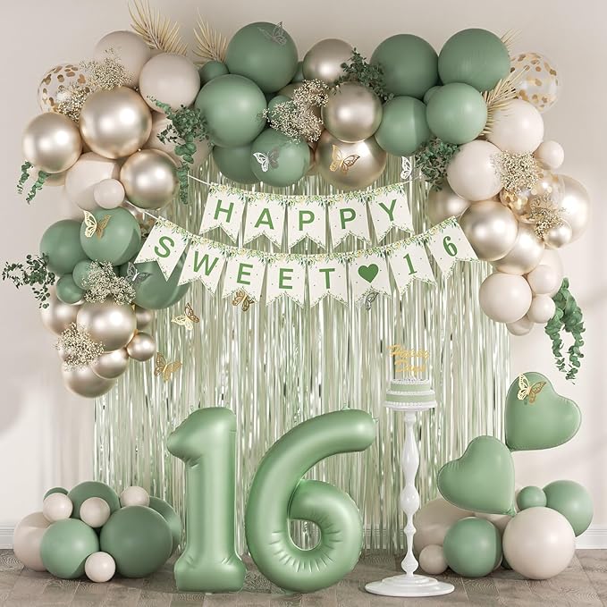 73pcs Sweet 16 Party Decorations, 16 Birthday Decorations with 16th Birthday Banner 16 Balloon Number Fringe Curtain Sage ...