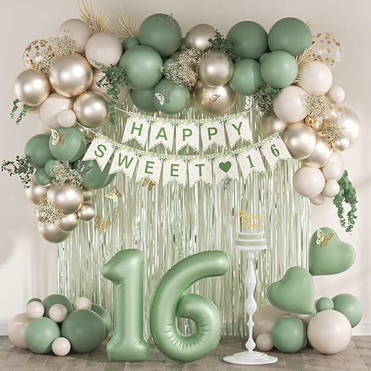 73pcs Sweet 16 Party Decorations, 16 Birthday Decorations with 16th Birthday Banner 16 Balloon Number Fringe Curtain Sage ...