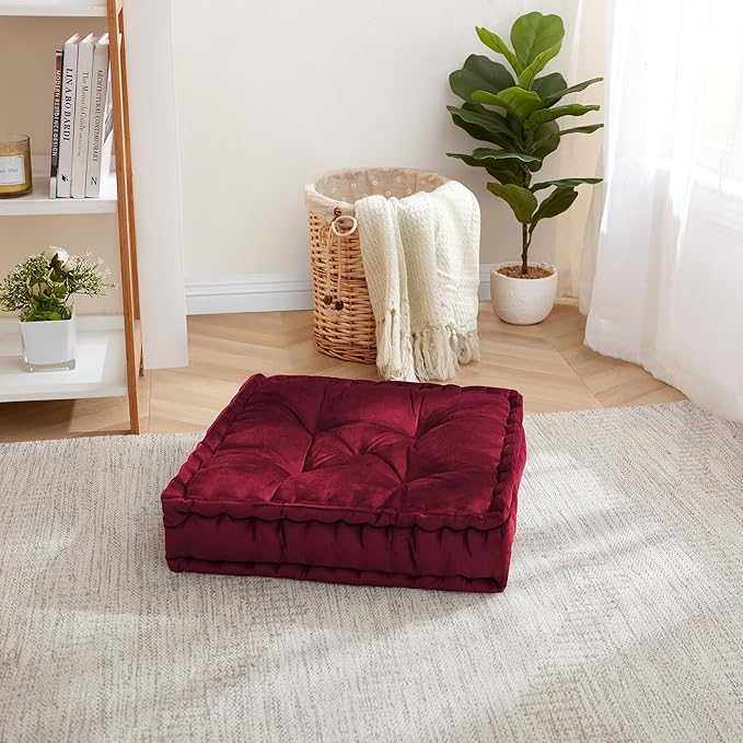 Floor Pillow Large Square Tufted Decorative Cushion 20" x 20" Faux Velvet Fabric Ultra Thick Fill for Kids and Adults, 2 Pack, Burgundy Red