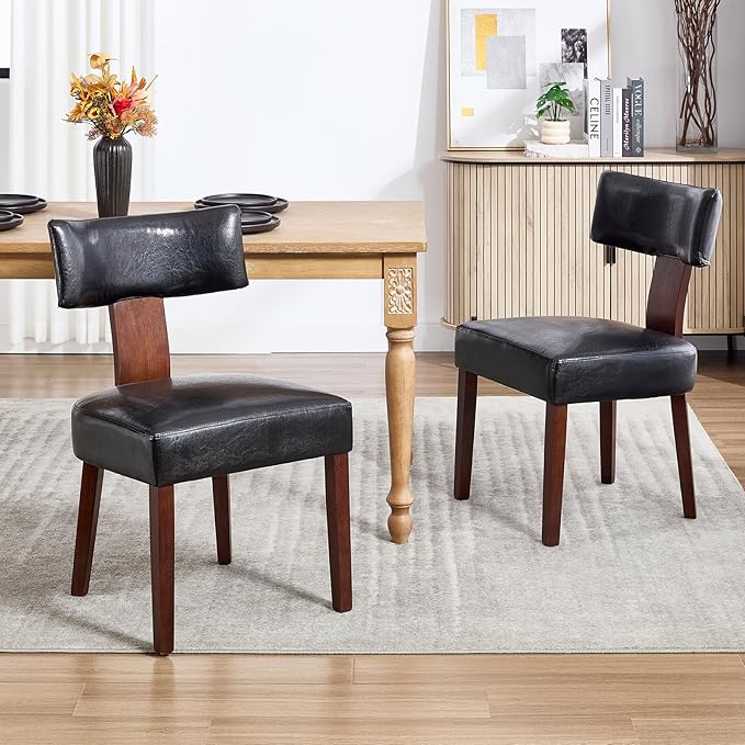 KHISCHMO Mid Century Modern Dining Chairs, Upholstered Pu Leather Fabric Chairs with Curved Backrest and Wood Legs, Comfy Kitchen Vanity Chairs for Dining Room/Living Room/Kitchen, Set of 6 Black