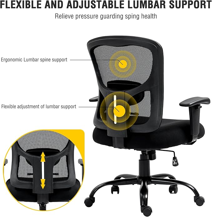 Bigroof Big and Tall Office Chair 500LBS Ergonomic Mesh Desk Chair with Adjustable Lumbar Support Arms Wide Seat Task Executive Rolling Swivel Chair for Heavy People (Black-500LBS)