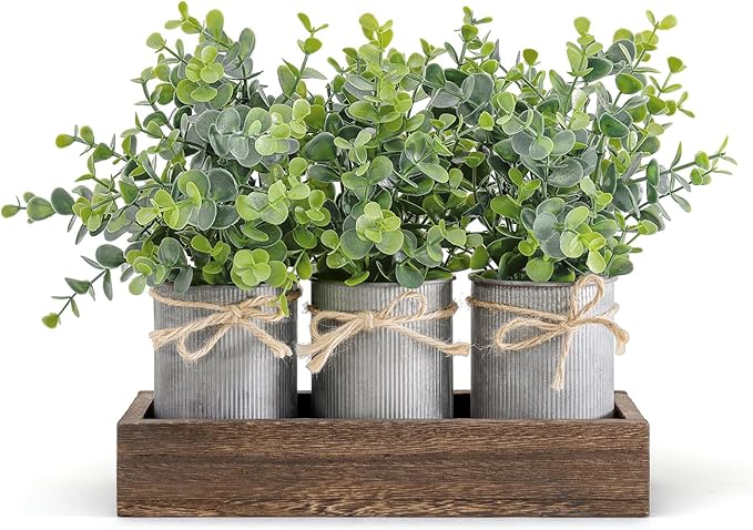 Dahey Centerpiece Table Decorations Coffee Table Decor Wood Tray 3 Galvanized Pots with Artificial Eucalyptus Plants Farmh...