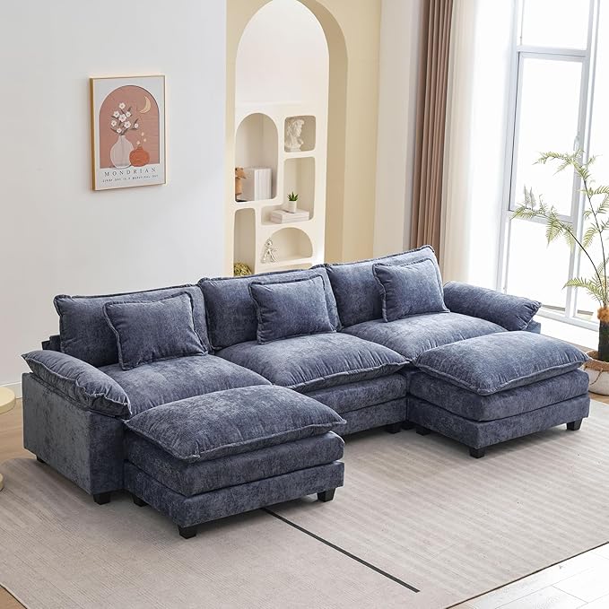 Oprisen 120" Modular Sectional Sofa, Comfy Cloud Couch Sectional Sofa with Ottoman, Chenille Sofa Sleeper Deep Seat Sofa with Throw Pillows for Living Room (Blue, 120"- U Shape)